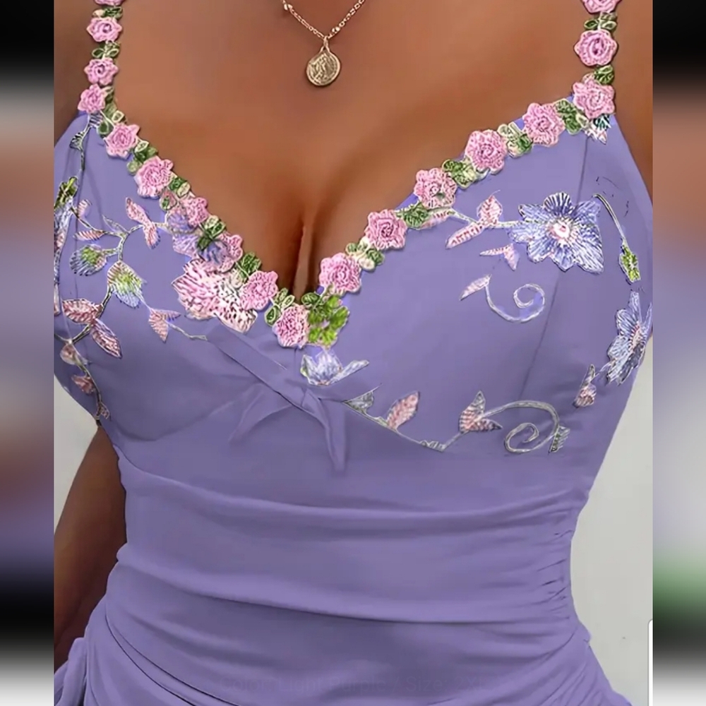 Purple Floral Embroidered Spaghettie Strap.